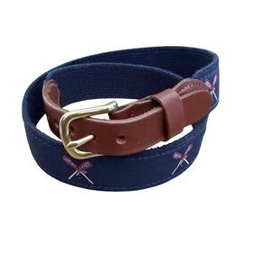 Leather Man Embroidered Lacrosse Belt Brass Buckle Leather Trim Navy Size 30